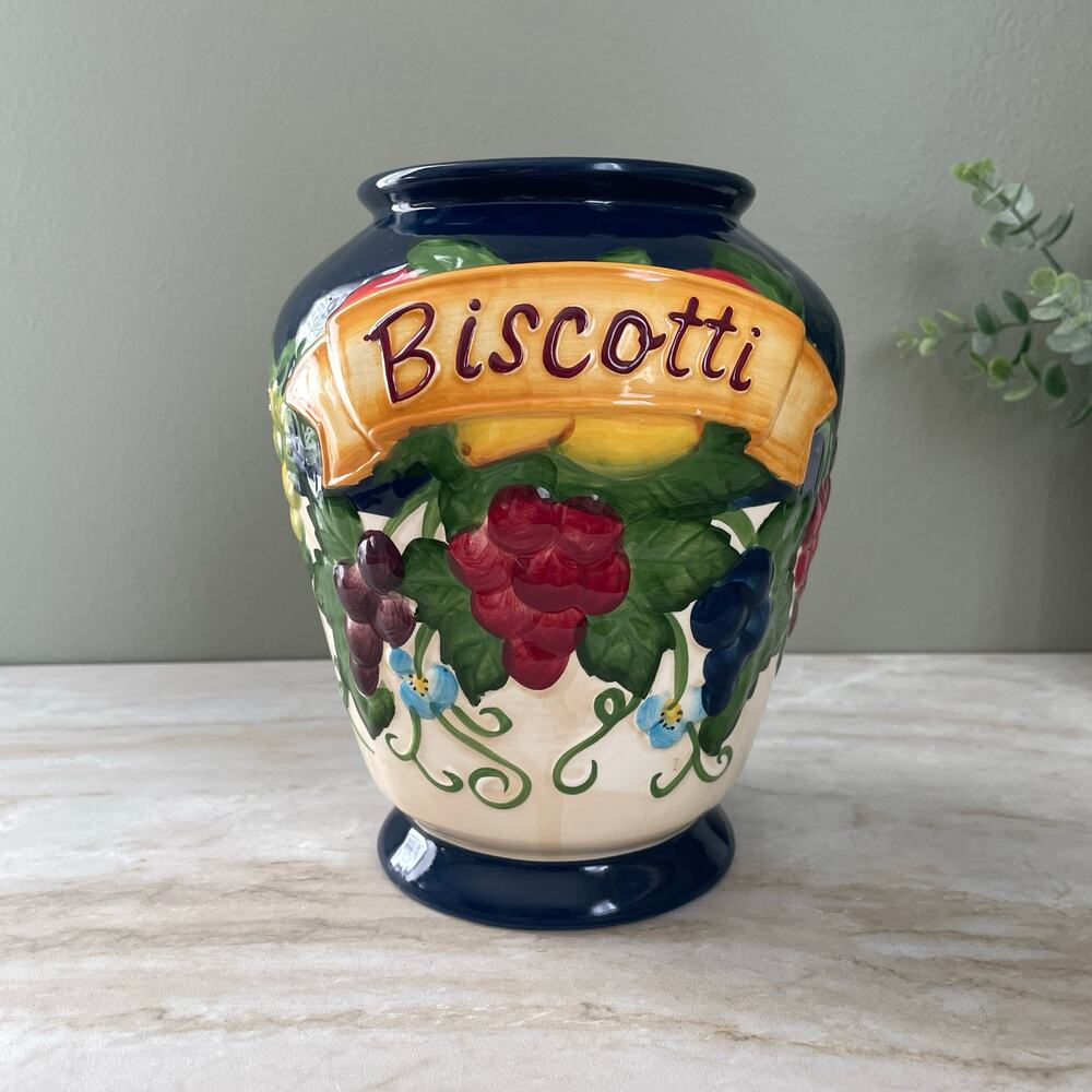 Vintage Nonni's Biscotti Cookie Jar Base - Hand Painted Fruit Motif Canister